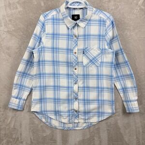 Tentree Women's Sz M Organic Cotton Paid Long Sleeve Button Up Shirt Blue White